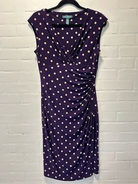 Lauren Ralph Lauren Purple Polka Dot Ruched Faux Wrap Dress Classic Retro Chic 8